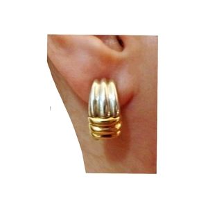 18K Solid Yellow Gold on 925 Sterling Silver Round Hoop Omega Back Earrings VTG